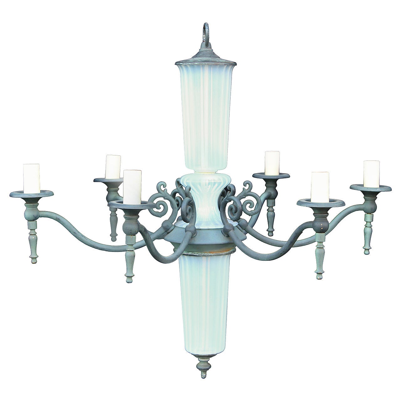 1940s French Opaline Glass Six-Light Chandelier with Verdigris Finish