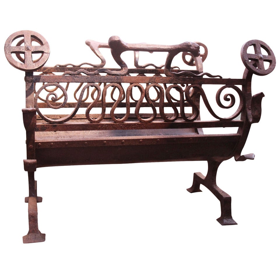 Figural Wrought Iron Log Basket with Rivets