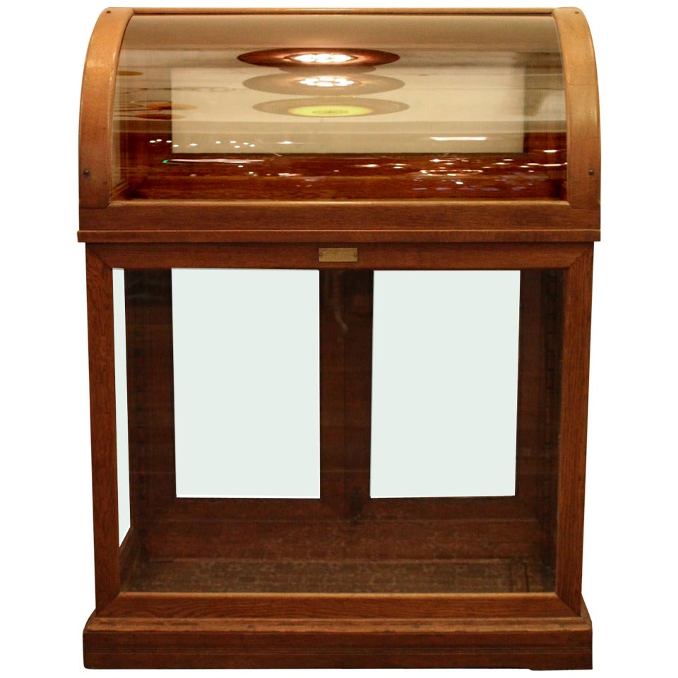 Antique Oak Display Case with One Shelf and Curved Glass Front