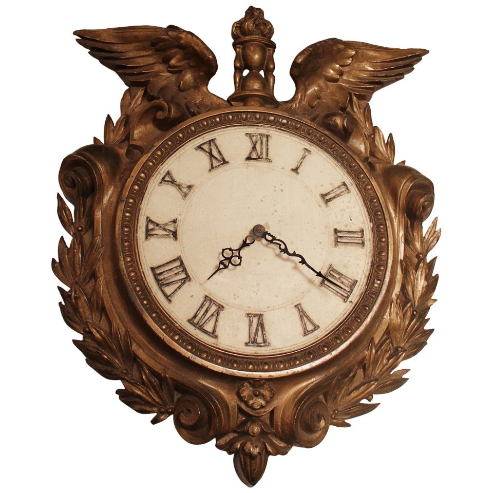 Early 1900s Bronze Plated Clock with Eagle Wings Roman Numerals and Wreath Motif