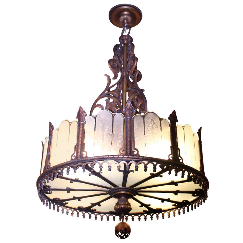 1920 Heavy Large Art Deco Bronze Chandelier Etched Glass Texas For Sale