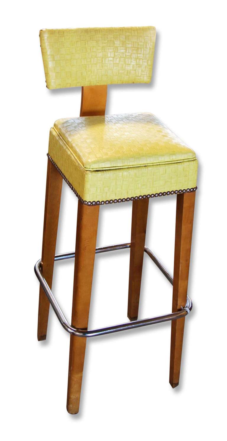 Set of six bar stools in original finish and Naugahyde by Thonet. Wood can be lacquered if desired for a modern update. Iconic Thonet from the late 1940's - 1950's.  Two yellow and four green.  These can be seen at our 149 Madison Avenue location in