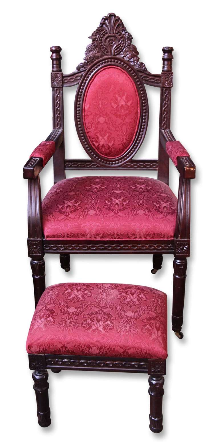 Pair of Red Cushioned Carved Wood Chair with Footstool