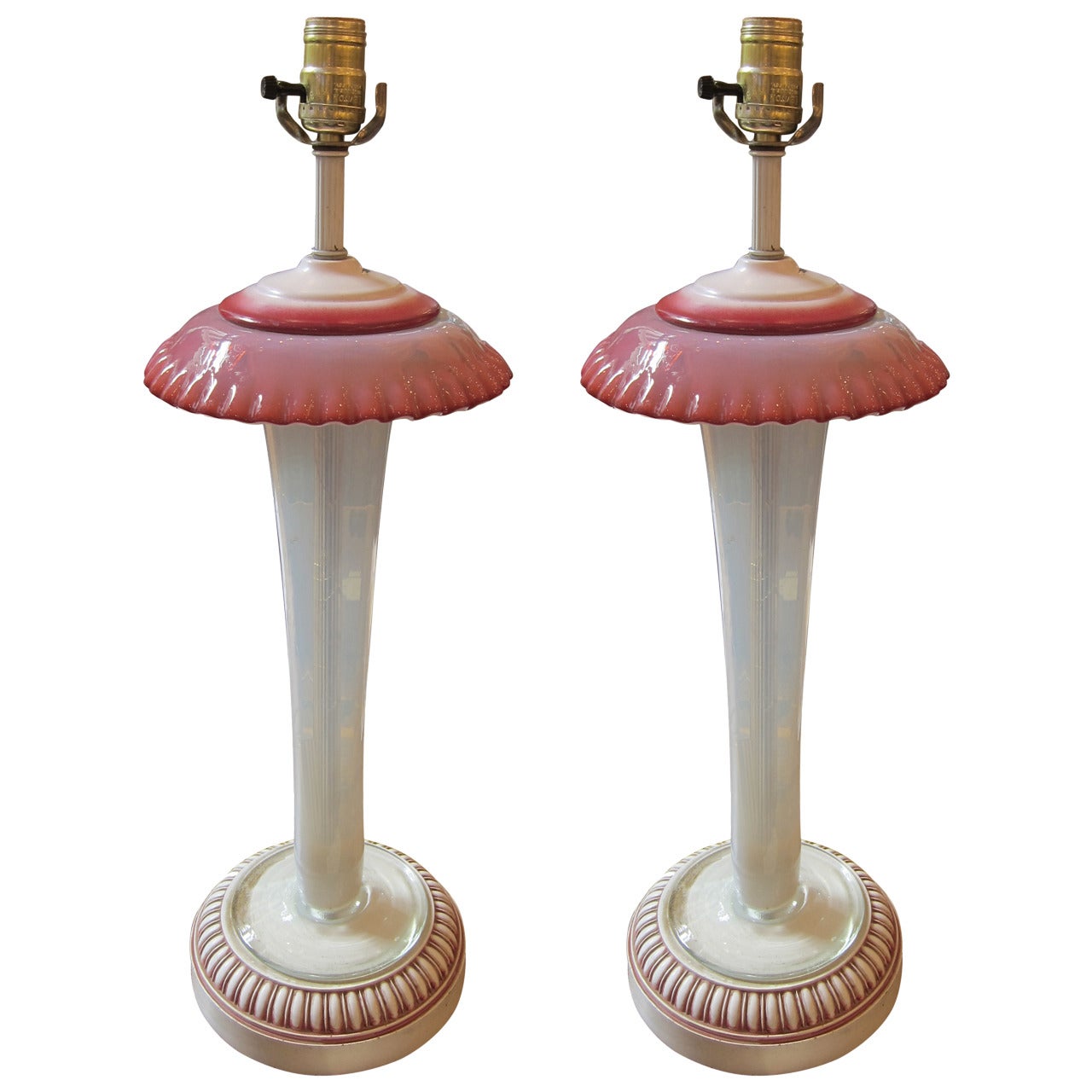 1940s Pair of Red and White Murano Opaline Glass Table Lamps from Italy