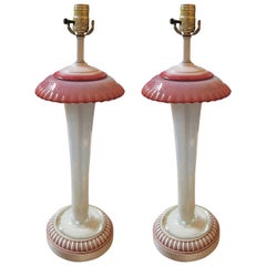 1940s Pair of Red and White Murano Opaline Glass Table Lamps from Italy