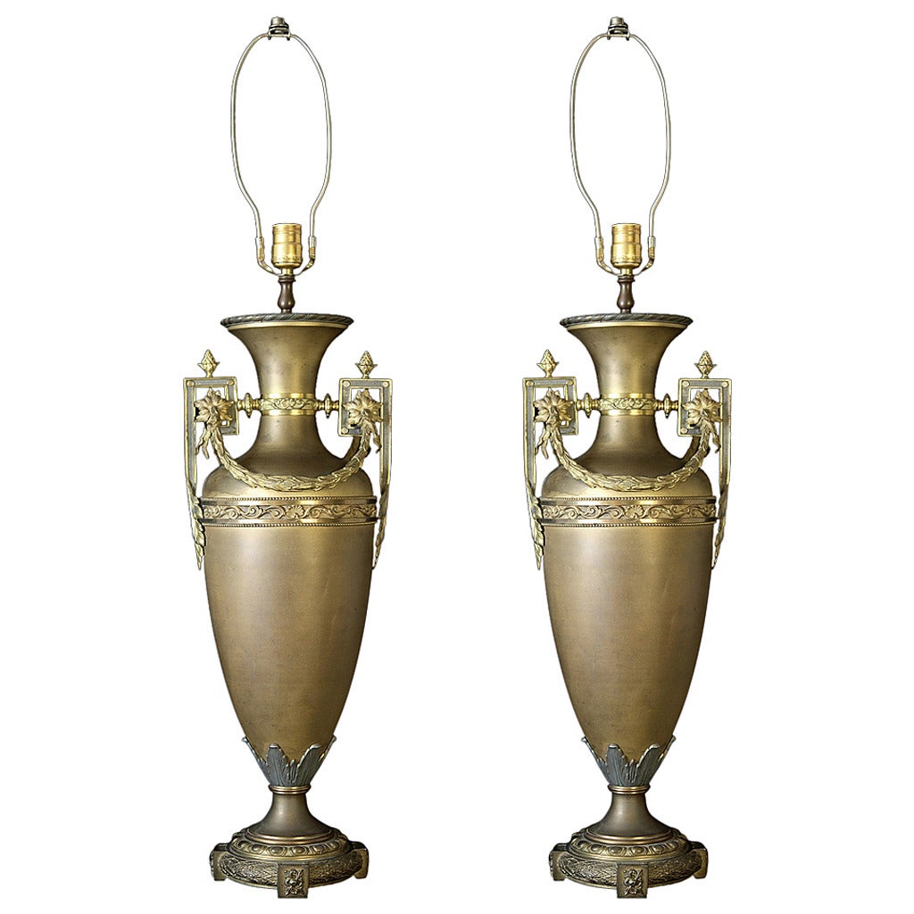 1930s Pair of Bronze Neoclassical French Urn Table Lamps with Swags and Leaves