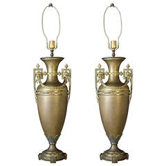 1930s Pair of Bronze Neoclassical French Urn Table Lamps with Swags and Leaves 2