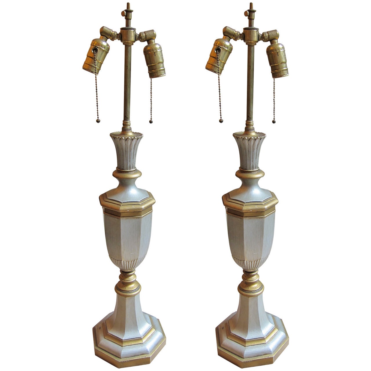 Pair of UK Georgian Style Bronze Table Lamps with Silver and Gold Plating, 1940s