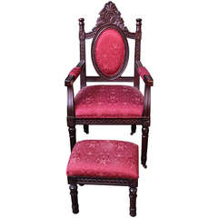 Pair of Red Cushioned Carved Wood Chair with Footstool