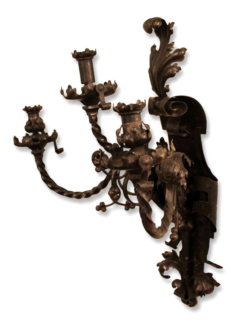 American 1800s Hand-Wrought Iron Pair of Gas Sconces