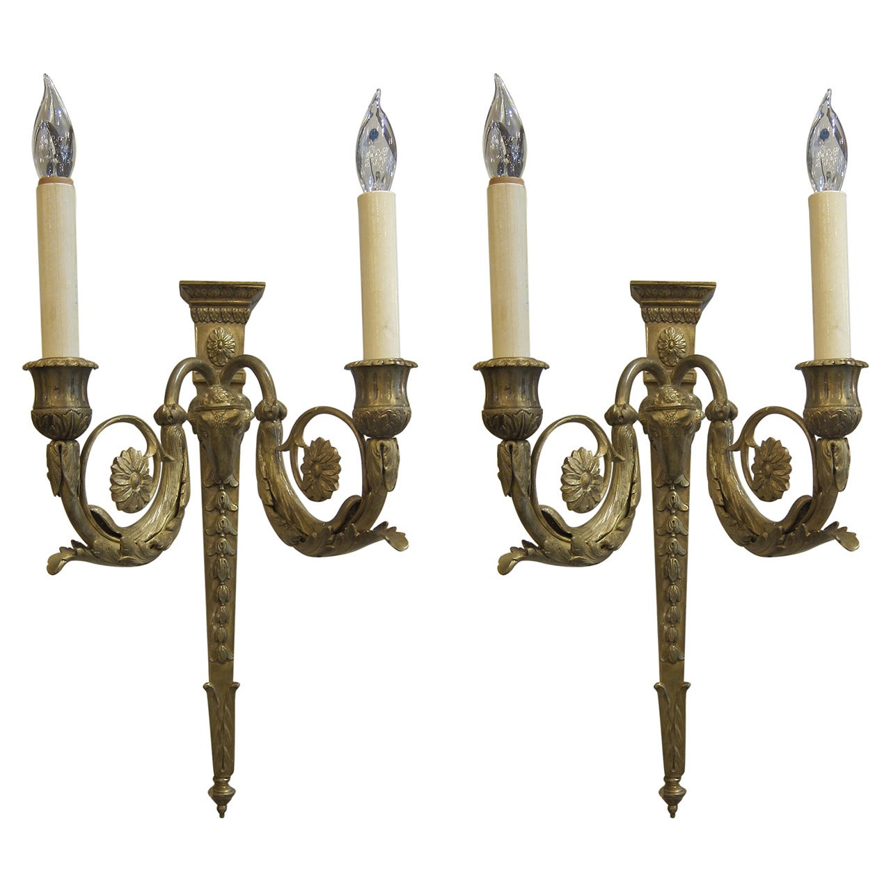 1930s Sheep Gilt Bronze Empire Sconces by E. F. Caldwell with Two Lights Each