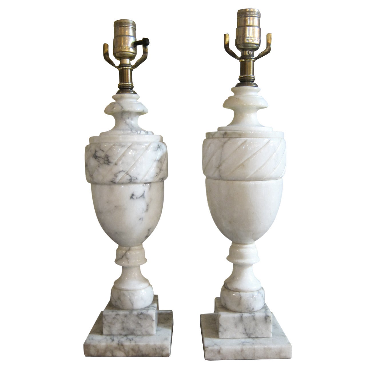 1940s Pair of French Neoclassical Alabaster Urn Table Lamps