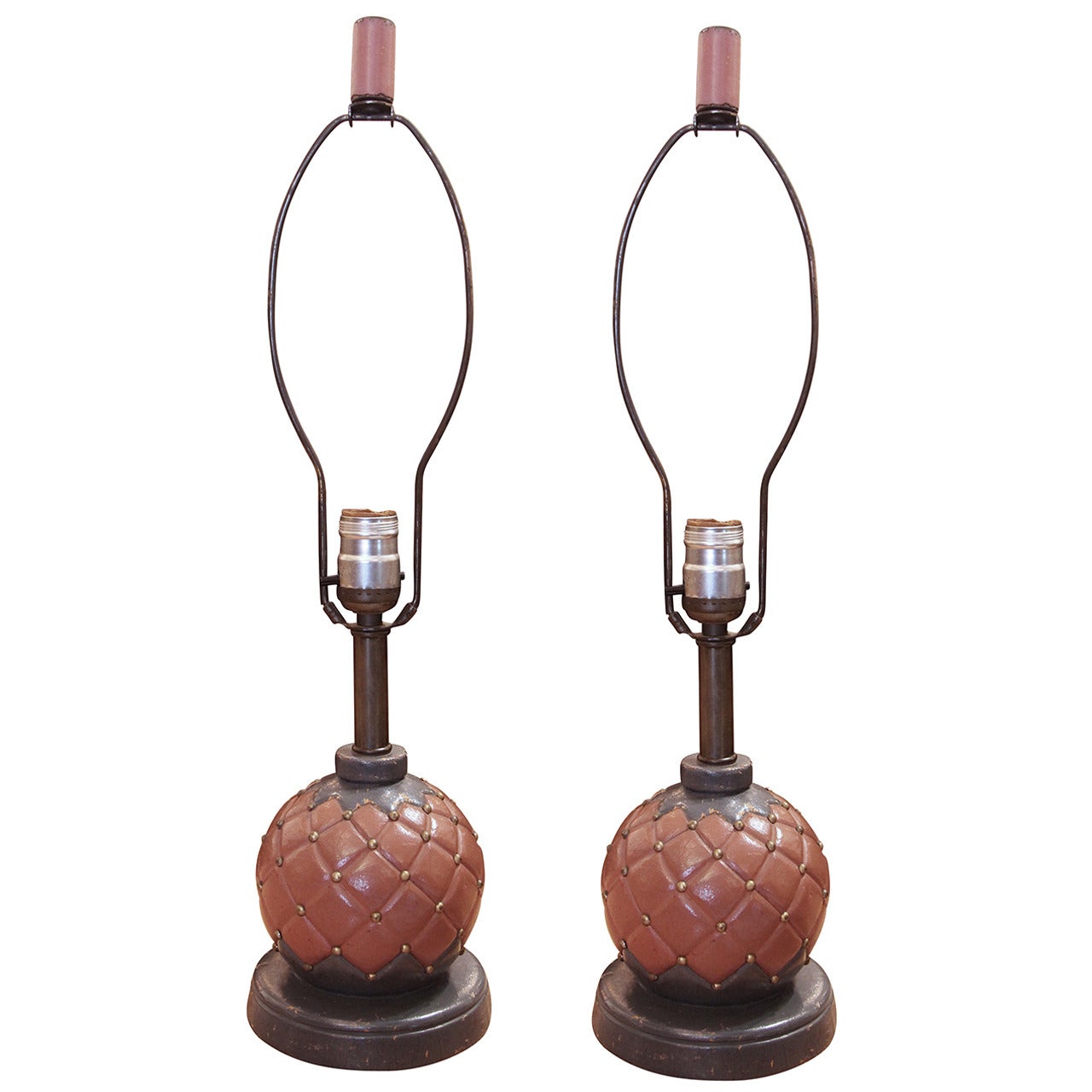 1930s Pair of French Made Leather Brass Beaded Boudoir Lamps