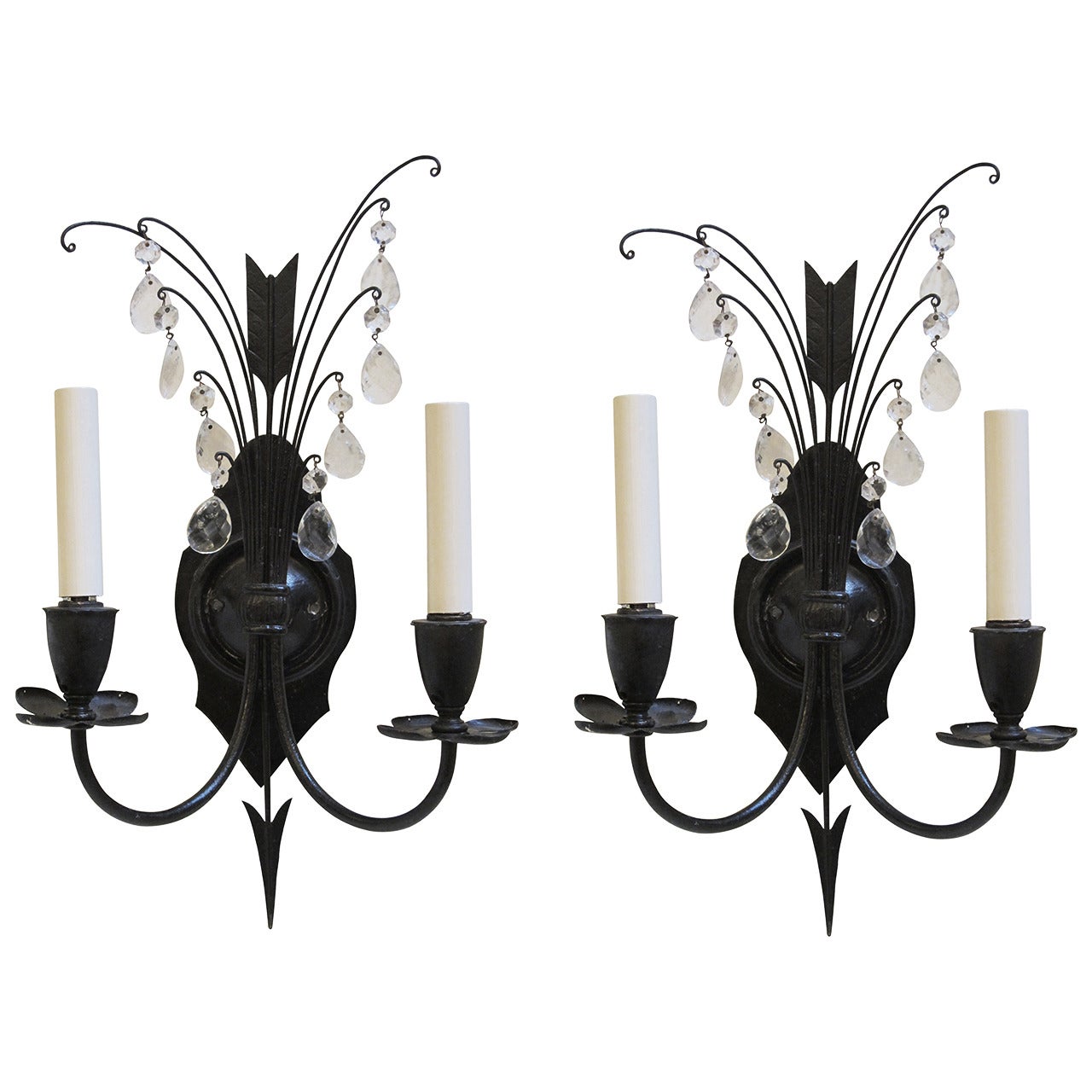 1920s Pair of Federal Style Iron and Crystal Sconces with Arrow