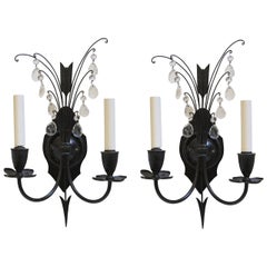 1920s Pair of Federal Style Iron and Crystal Sconces with Arrow