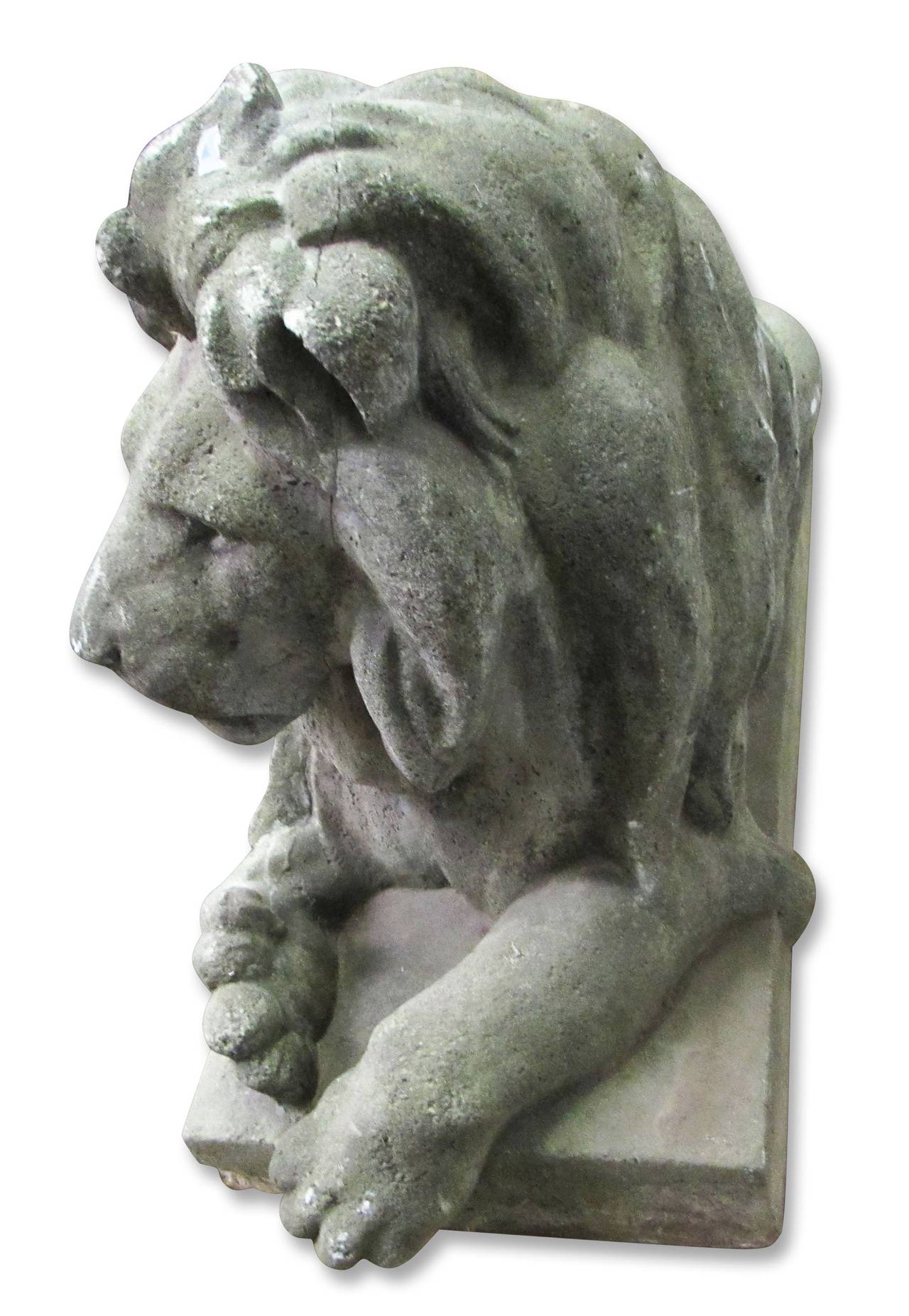 Here is a pair of cast concrete opposing reclining lions from South Florida with age appropriate wear. These can be viewed at our National Warehouse at 400 Gilligan Street in Scranton, PA.
