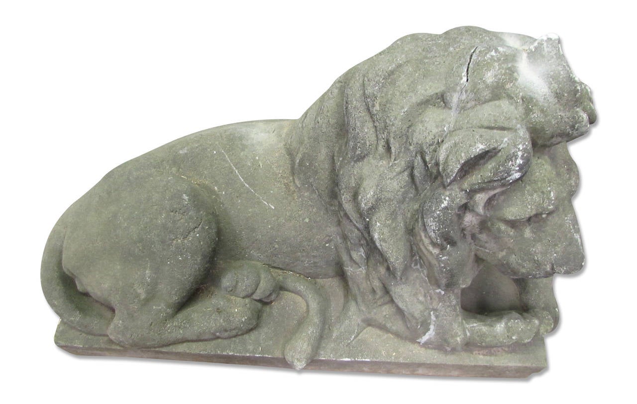 Late 20th Century 1980s Pair of Cast Concrete Opposing Reclining Lions from South Florida
