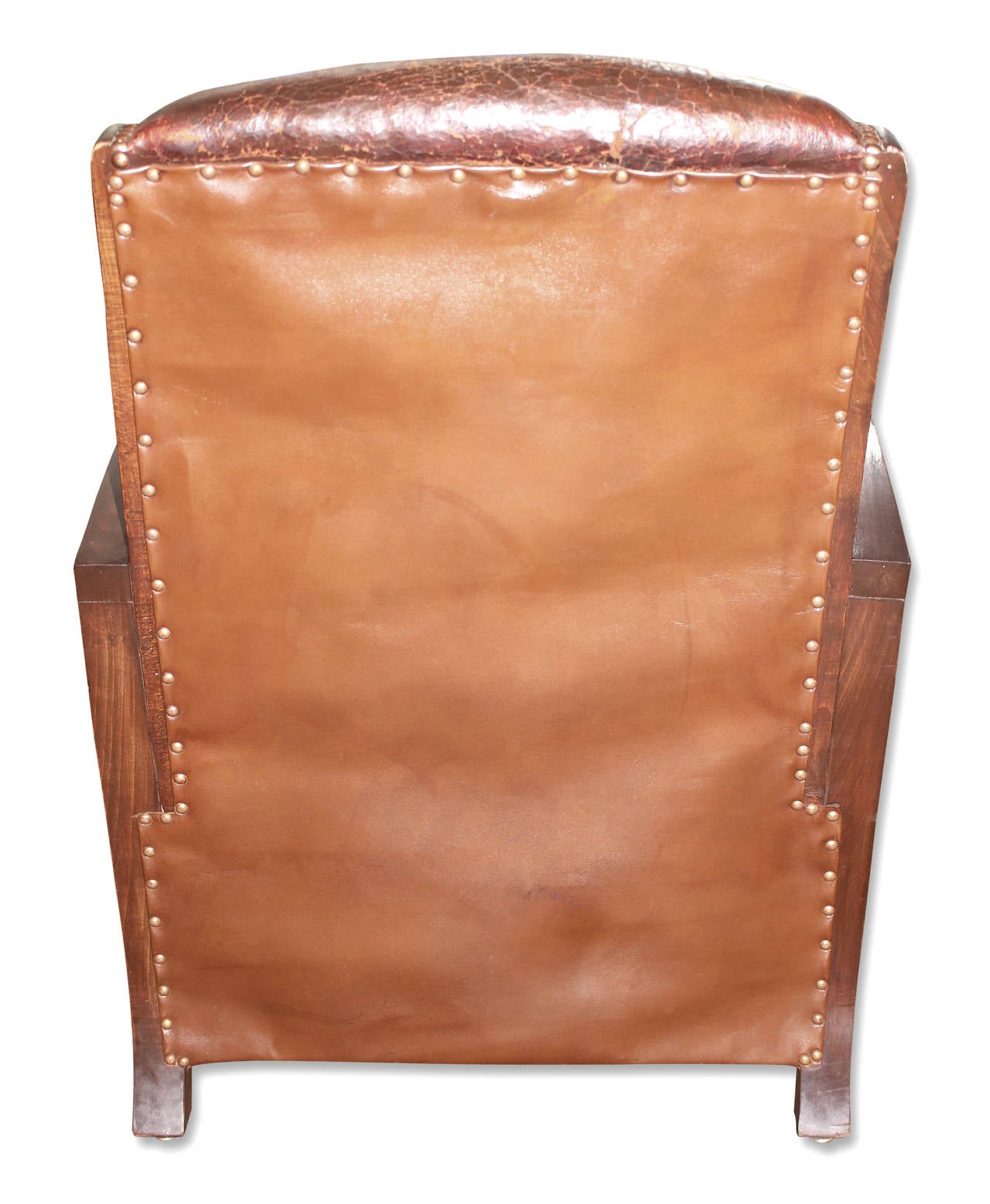 1950s Pair of French Leather Club Chairs with Rivets and Wood Detail