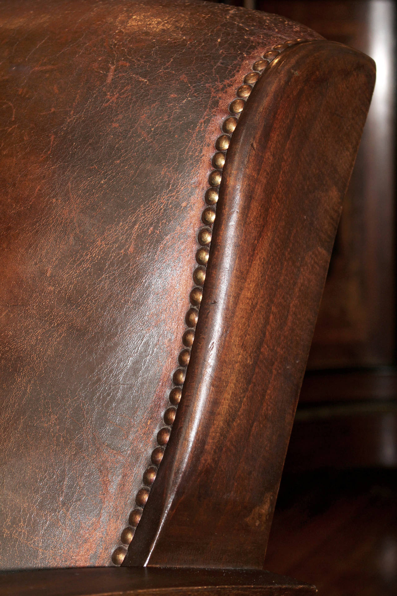 1950s Pair of French Leather Club Chairs with Rivets and Wood Detail
