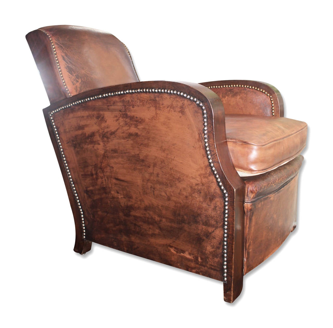 1950s Pair of French Leather Club Chairs with Rivets and Wood Detail
