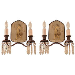 Pair of Antique Double Arm Sconces with Gold Painted Figures