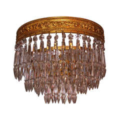 Antique Flush Mount Ceiling Fixture with Three Tier Hanging Crystals
