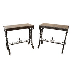 Pair of Floral Wrought Iron Side Tables with Black Marble and Light Veining