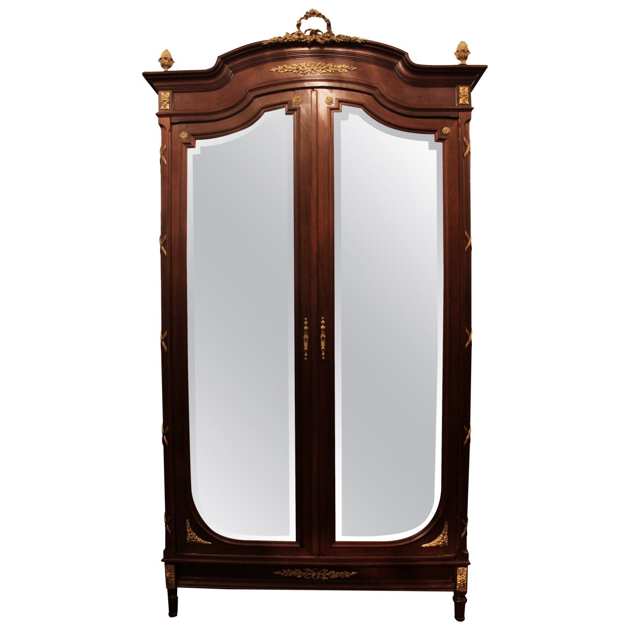 1890s French Empire Mahogany and Gilded Bronze Armoire with Mirrored Doors
