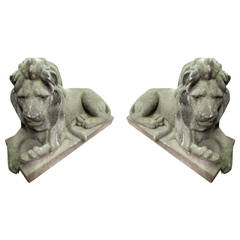1980s Pair of Cast Concrete Opposing Reclining Lions from South Florida