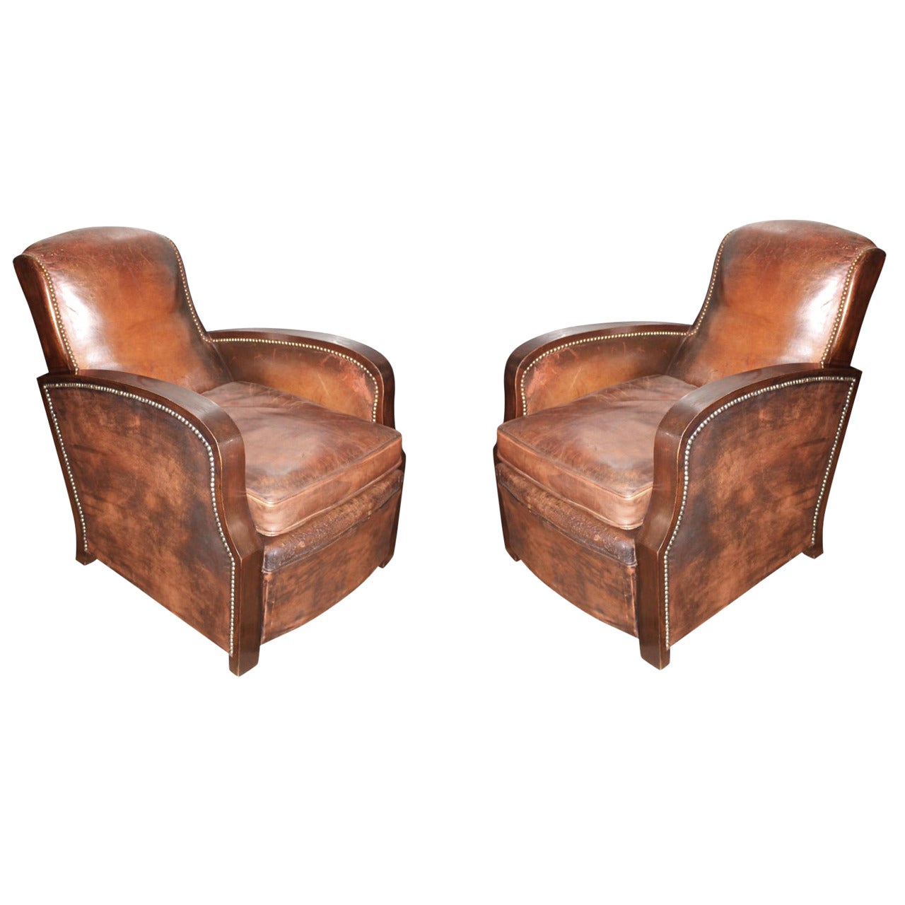 1950s Pair of French Leather Club Chairs with Rivets and Wood Detail