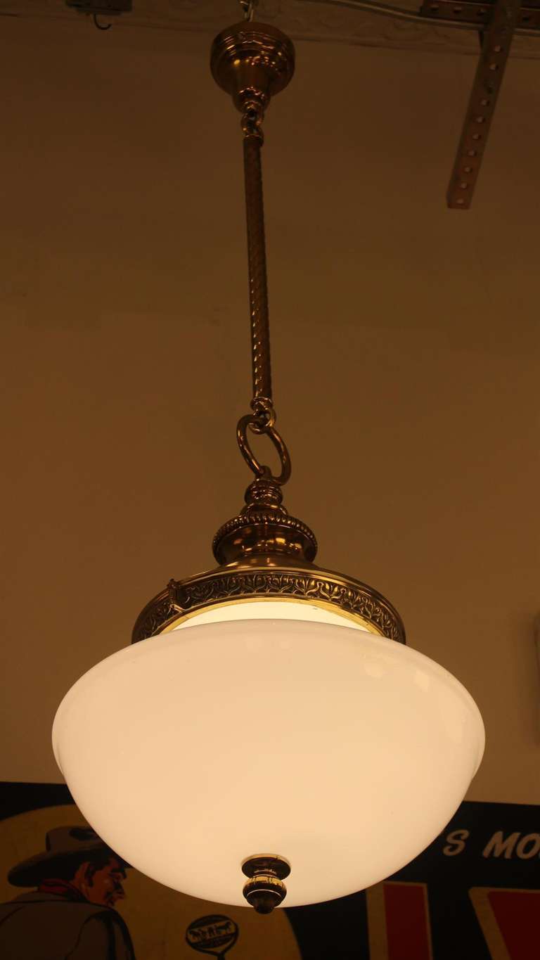 Pair of Large Milk Glass and Brass Pendant Lights 2