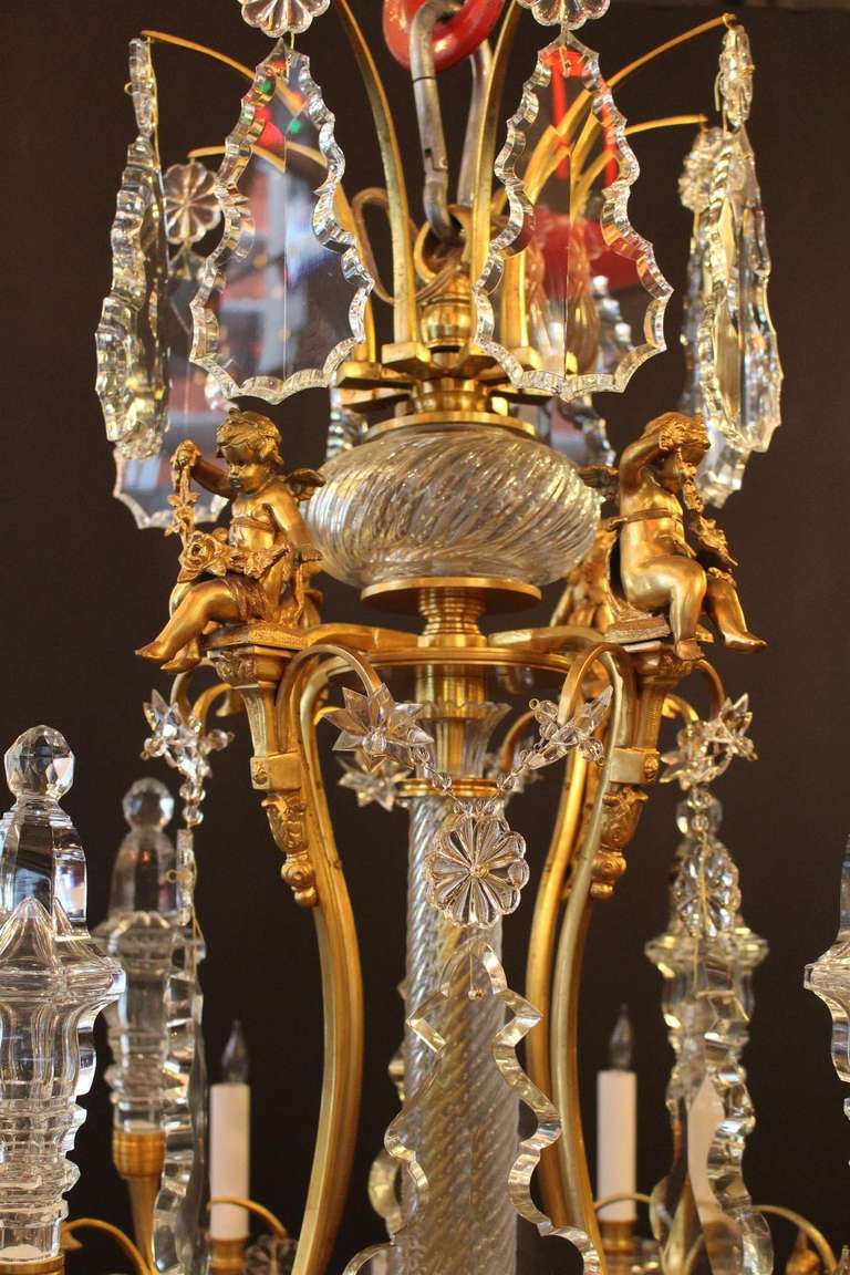 Louis XIV Pair of Replica Louis XV Style of Bronze Chandeliers with Tear Drop Crystals