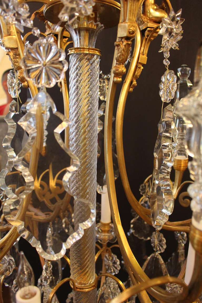 Contemporary Pair of Replica Louis XV Style of Bronze Chandeliers with Tear Drop Crystals