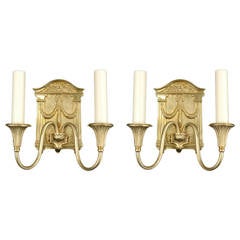 1920s Pair of Louis XV Style Gold Plated Two Light Sconces with Acanthus Leaves