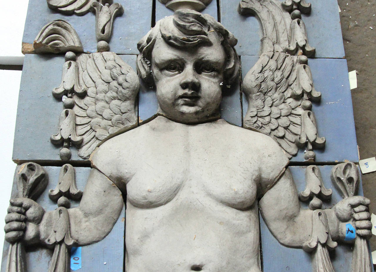 This salvaged multi piece polychrome terracotta cherub frieze was one of 12 that were carefully removed, pieced back together and restored to their original incredible glory from the famous Southern Hotel in Baltimore.
The Southern Hotel was located
