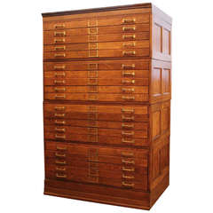 Vintage 20 Drawer Tiger Oak Map Cabinet or Flat File with Original Brass Hardware