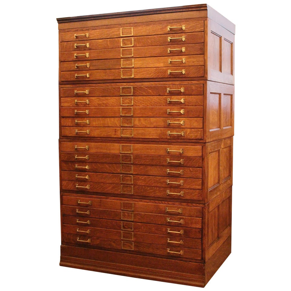 20 Drawer Tiger Oak Map Cabinet or Flat File with Original Brass 