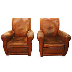 Pair of European Leather Club Chairs with Velvet Cushions