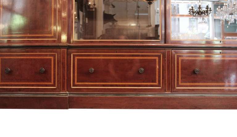 19th Century 1870s English Inlaid Wall Cabinet with Sliding Glass Doors and Drawers