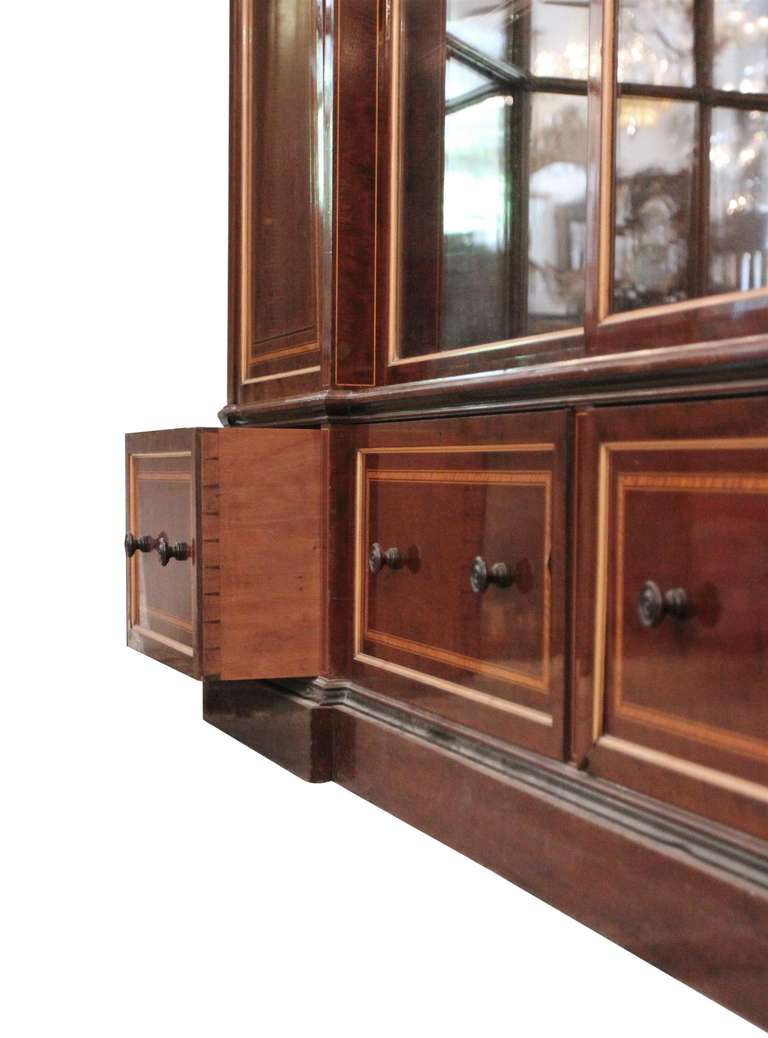 1870s English Inlaid Wall Cabinet with Sliding Glass Doors and Drawers 1