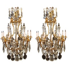 Pair of Replica Louis XV Style of Bronze Chandeliers with Tear Drop Crystals