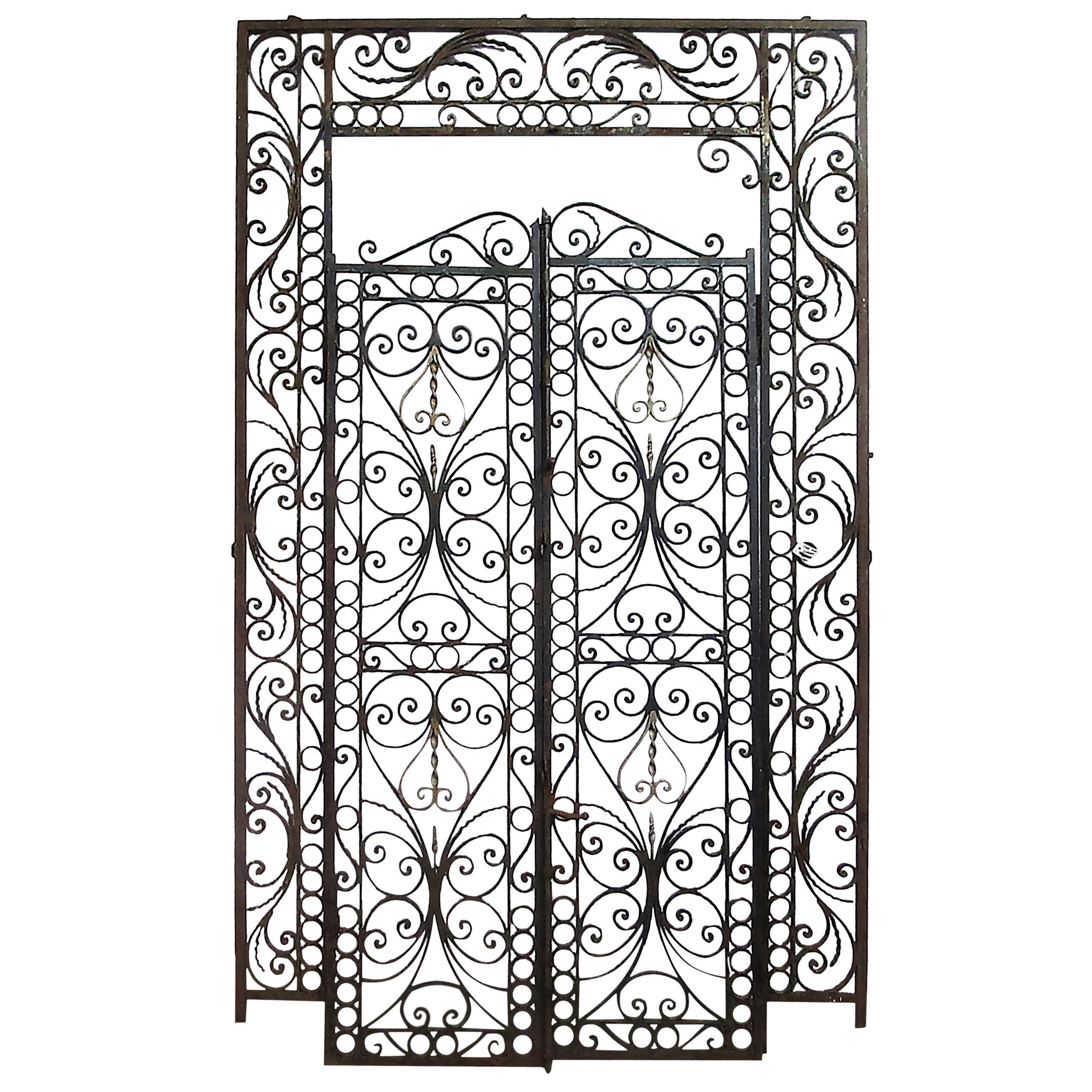 1950s Highly Ornate Wrought Iron Entry Gates with Surround