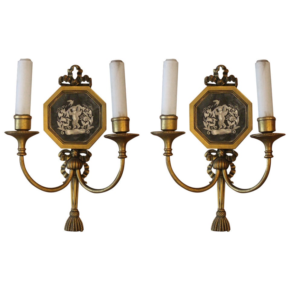 Pair of Mirrored Sconces with Etched Putties