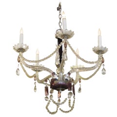 1930s Five Arm Chandelier with Black and Amethyst Crystal Dish