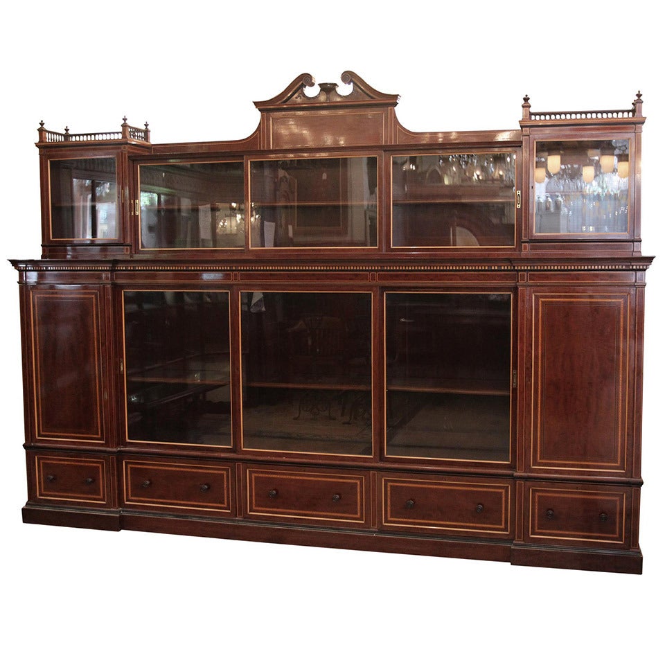 1870s English Inlaid Wall Cabinet with Sliding Glass Doors and Drawers