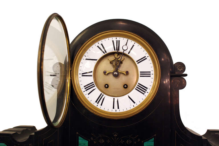 Oversized Slate Mantel Clock with Green Marble Inserts and Carved