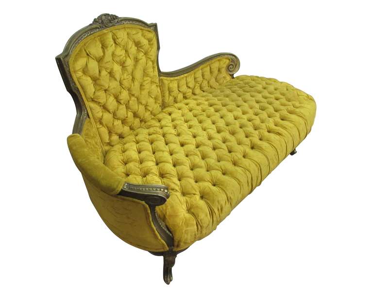 American Tufted Yellow Velvet Victorian Carved Chesterfield Sofa