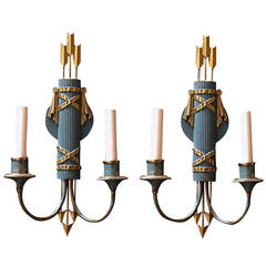 1940s Pair of Blue French Bronze Regency Style Two-Light Sconces