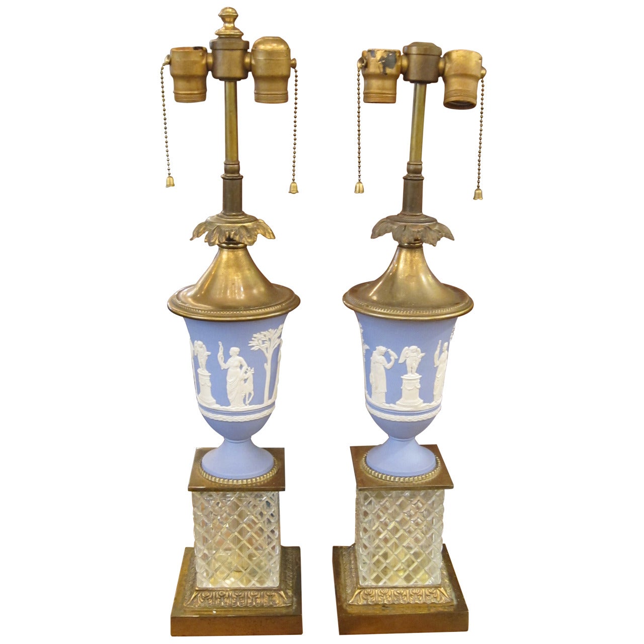 1920s Pair of English Made Wedgewood Table Lamps with Cut Crystal Bases