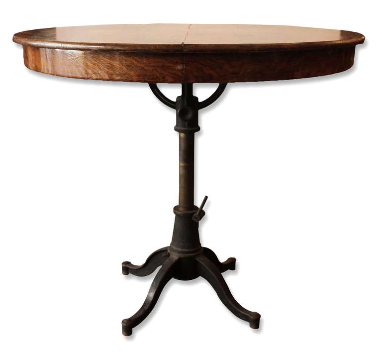 American Extra Tall Quartersawn Round Oak Table on an Industrial Adjustable Base